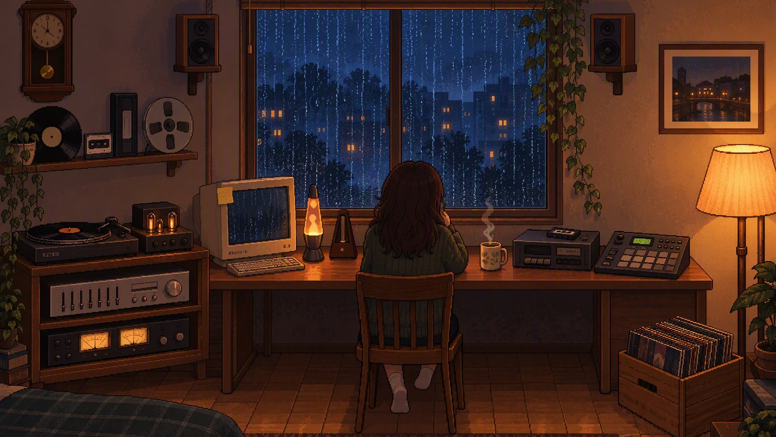 The Small Hours interface: a cosy room at night where every object is a control